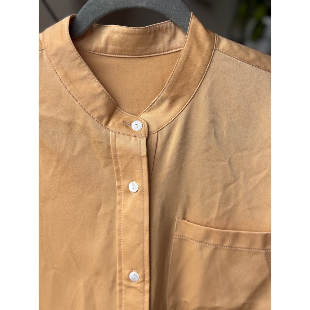 Apricot Peach Satin Mandarin Collar Button Down Blouse High Low Hem Long Sleeve